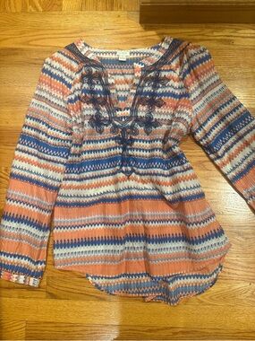 J. Crew Coral, Navy & White Embroidered Peasant Blouse